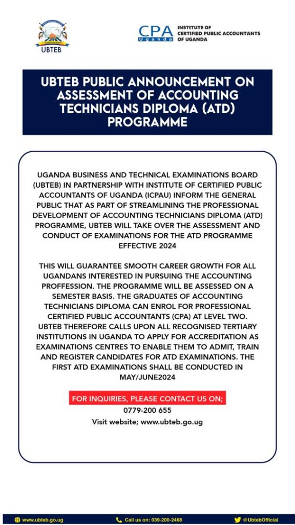 UBTEB Public Announcement on Assessment of Accounting Technicians Diploma (ATD) Programme