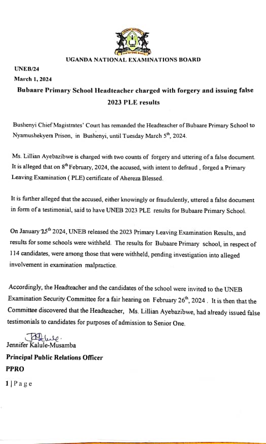 Bubaare Primary School Head Teacher Charged with Forgery and False PLE 2023 Results